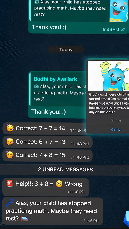 App screen: a WhatsApp-style update telling the parent their child has stopped practising